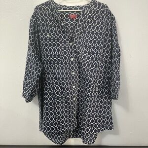 Merona Patterned Button Up Navy White Blouse Size 3